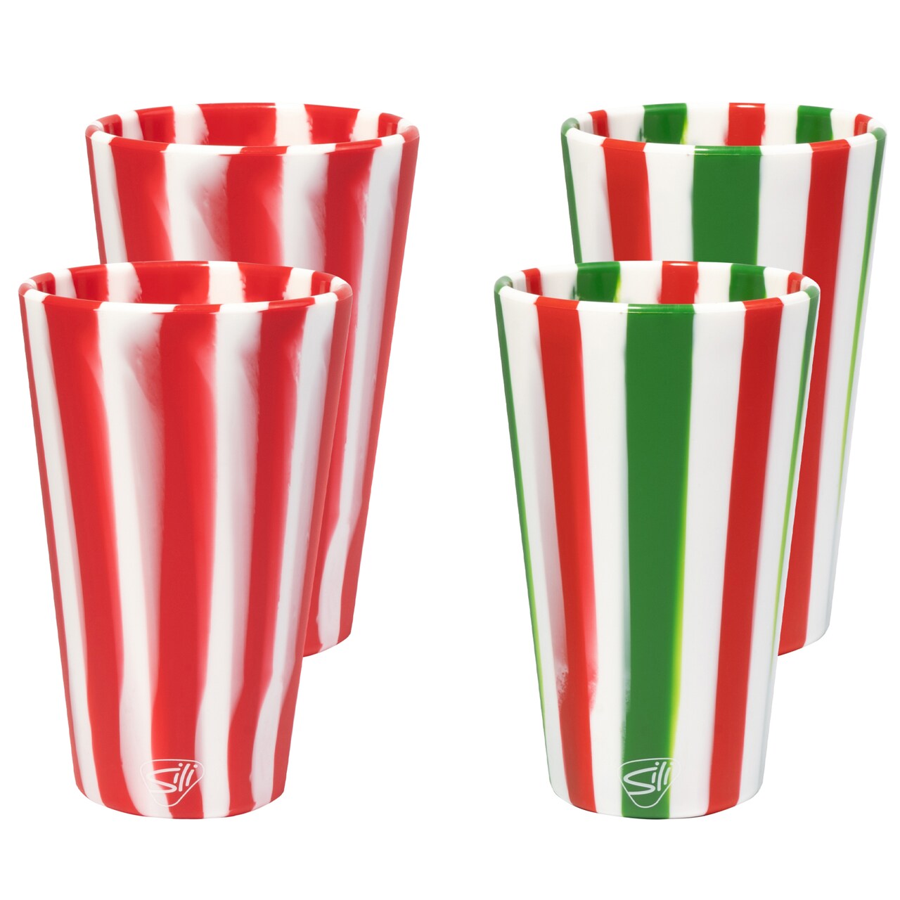 Silipint: Silicone 16oz Pint Glasses: 4 Pack (2) Peppermint & (2) Poinsettia